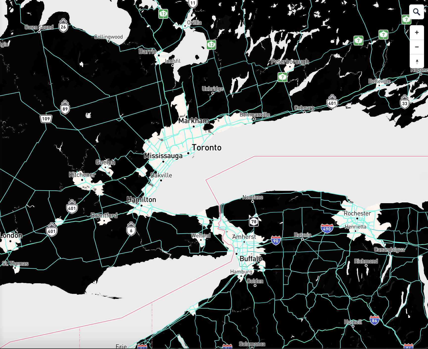 Black Background with Blue Lines Toronto Edition: Modified the Road & transit network and Light preset to night mode.